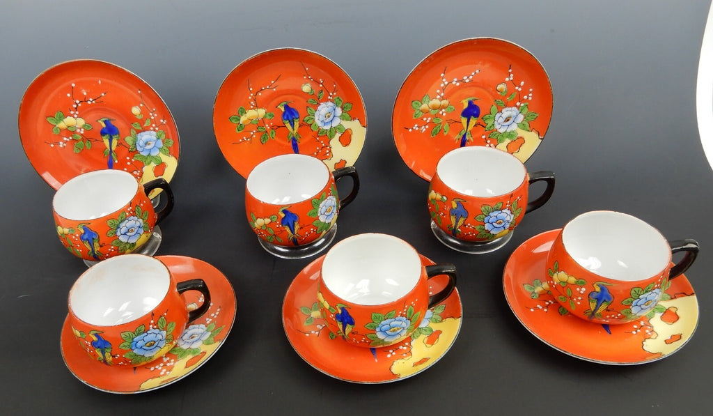 Set of 6 Chikaramachi Japan Hand Painted Bird Asian Florals Cup and Saucer