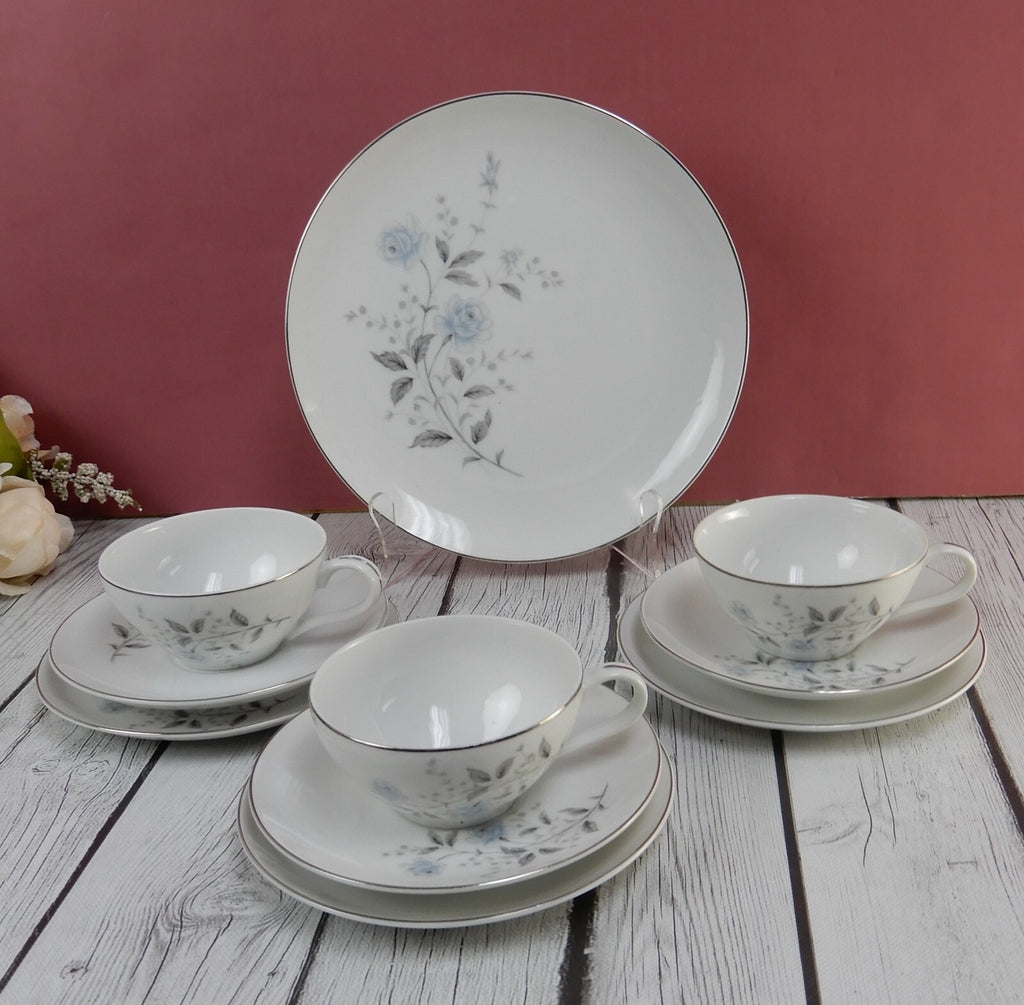 Diamond Fine China "Blue Rose"Japan~ 3 Cups,Saucers & Plates One 9-1/4" Plate