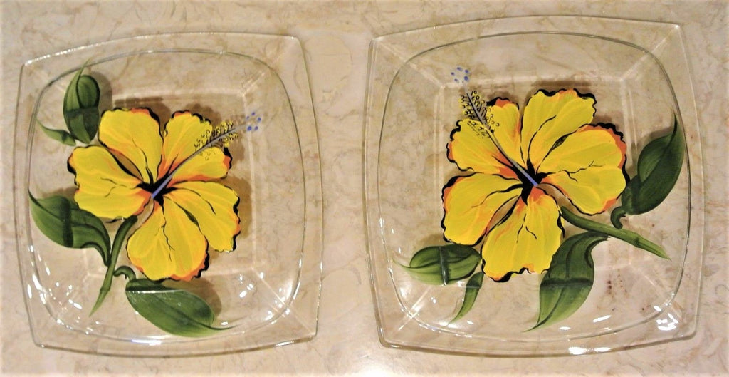 2 Vintage 1950s Hazel Atlas Gay Fad Design Square Luncheon Plate Yellow Flowers