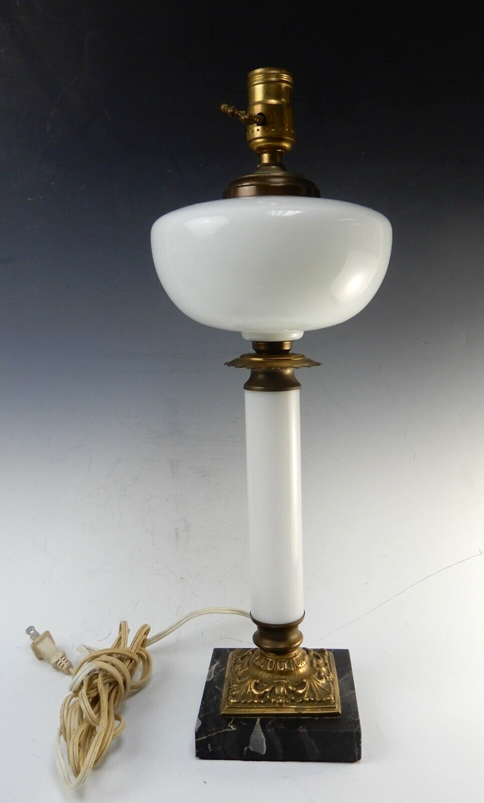 Vintage Milk Glass Black Marble Tall Table Lamp 19-1/4"