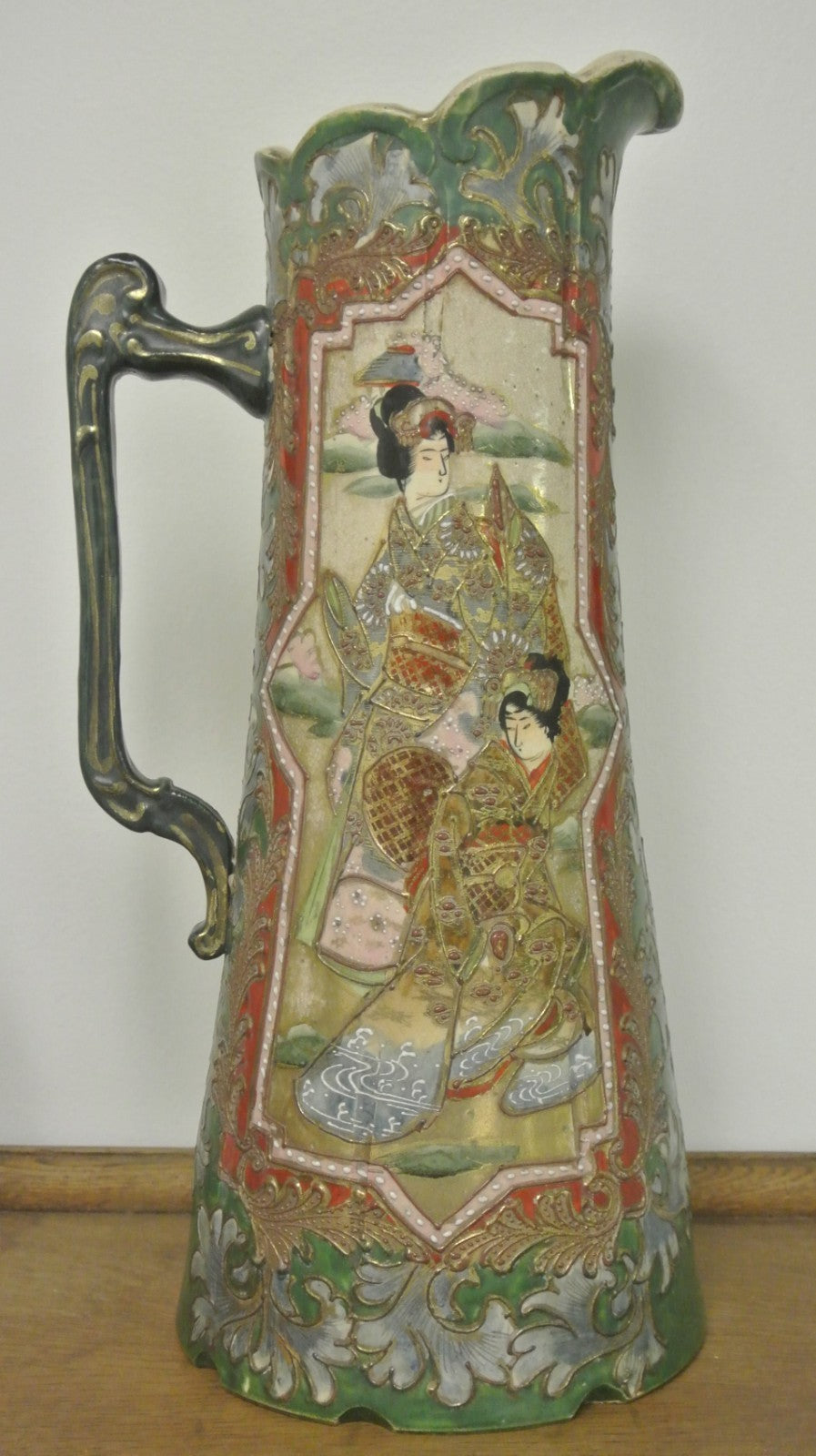 Japanese Satsuma Hand Painted Slipware Earthenware Ewer 16" High