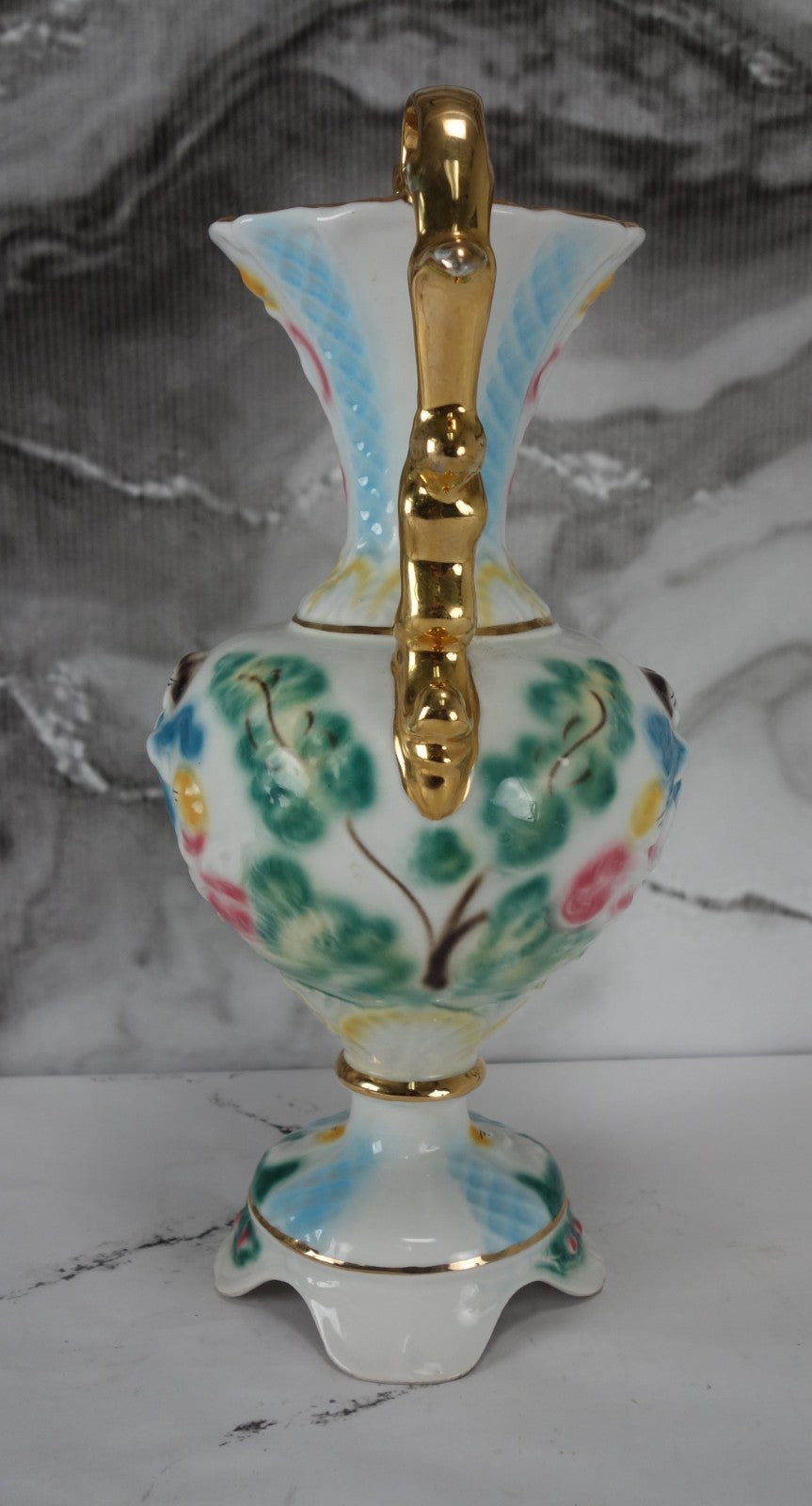 Hand Decorated With Cherubs Italian Footed Vase, Gold Trim Porcelain 15.5" Tall