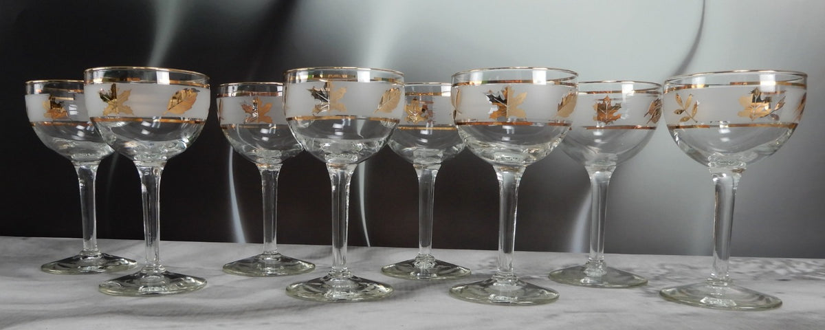 Vtg. Libbey Frosted Golden Foliage Gold Leaf Glass Cocktail Glasses, Set of 8