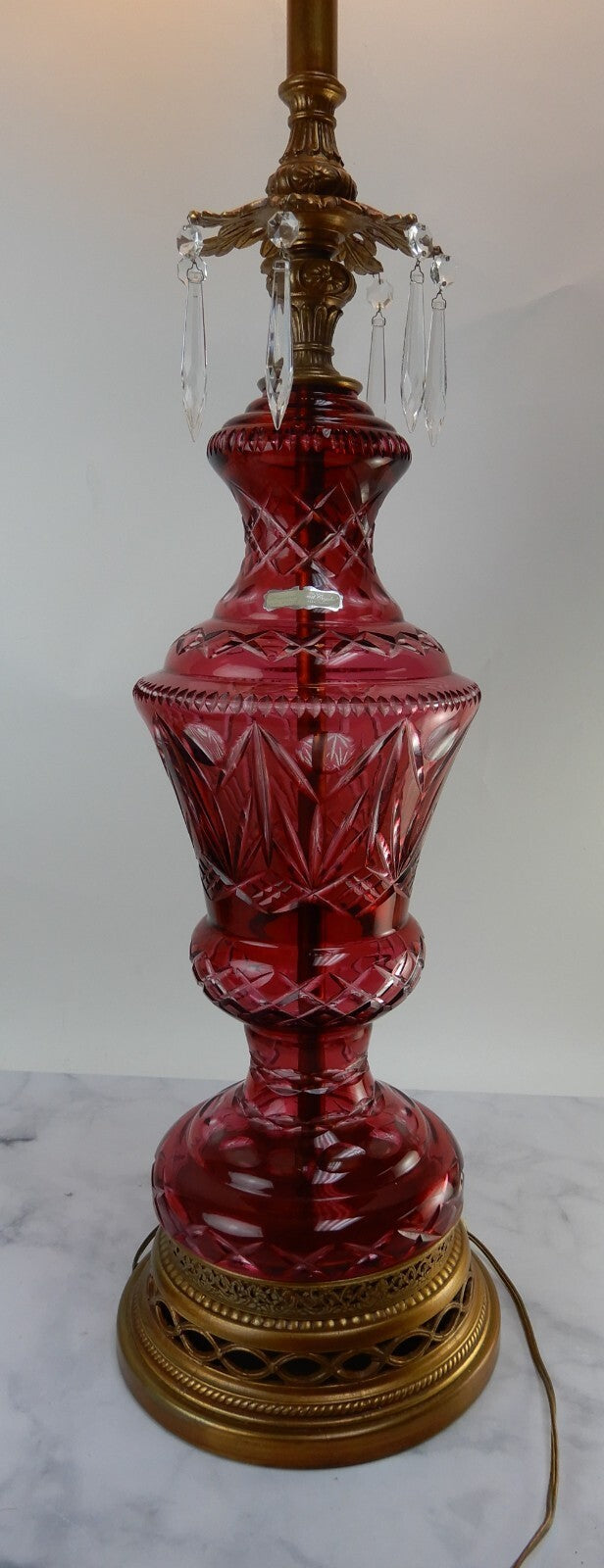 Vtge Western Germany Ruby Red Hand Cut Lead Crystal 3 Way Table Lamp 44-1/2" H