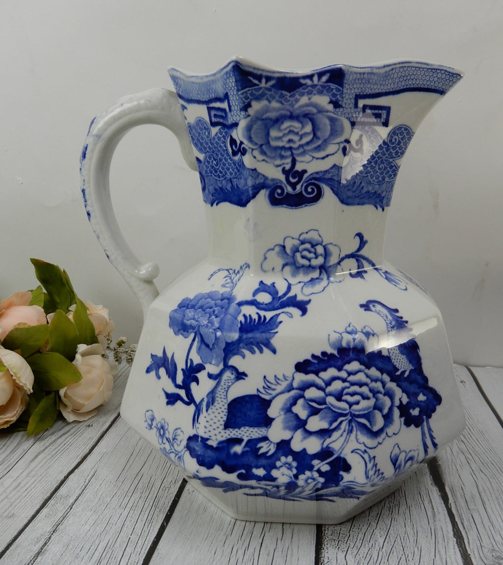 Antique Mason's Ironstone Blue Pheasant Pattern,Wash Bowl & Pitcher Set Ca.1815