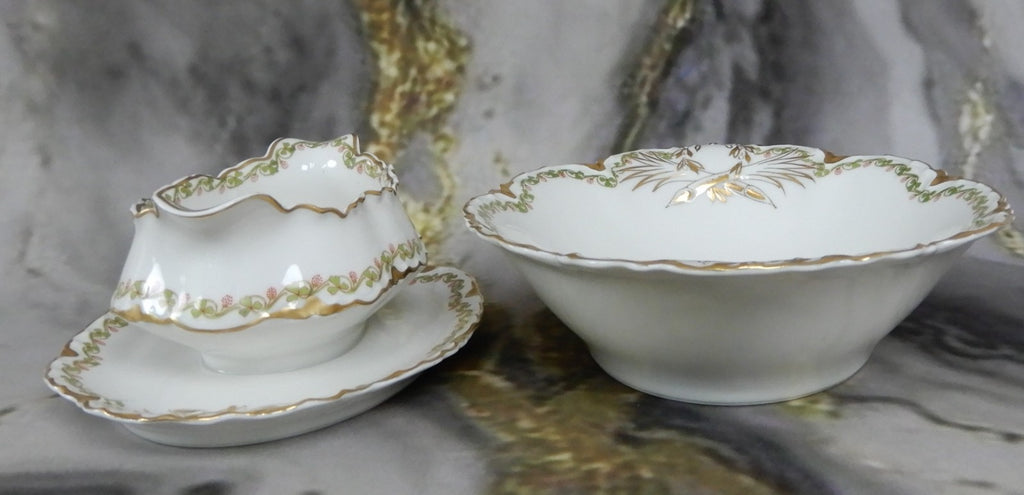 Antique Haviland Limoges "Clover Leaf " Oval Vegetable Bowl and Gravy Boat