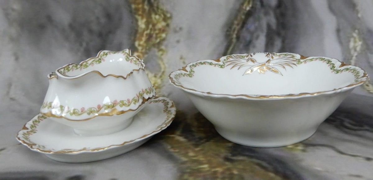 Antique Haviland Limoges "Clover Leaf " Oval Vegetable Bowl and Gravy Boat