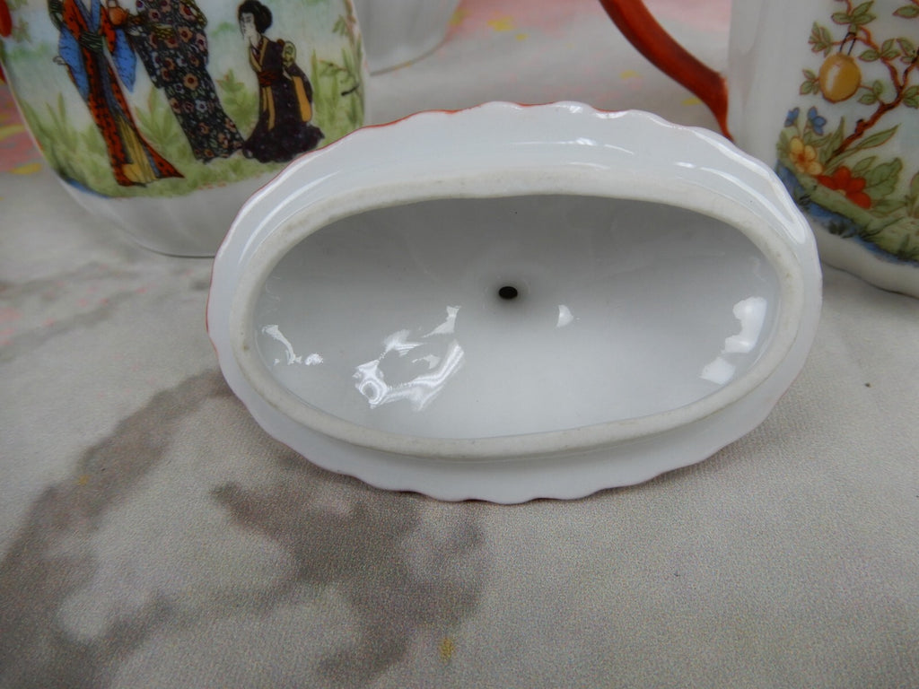 Vintage Children's Pot,Sugar Bowl,Creamer,5 Cups and Saucers w/ Geishas Red Mark