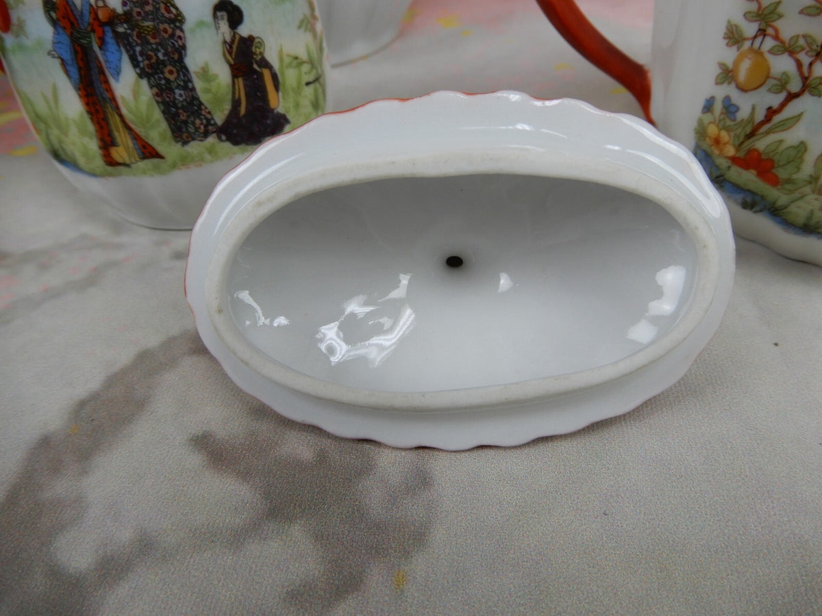 Vintage Children's Pot,Sugar Bowl,Creamer,5 Cups and Saucers w/ Geishas Red Mark
