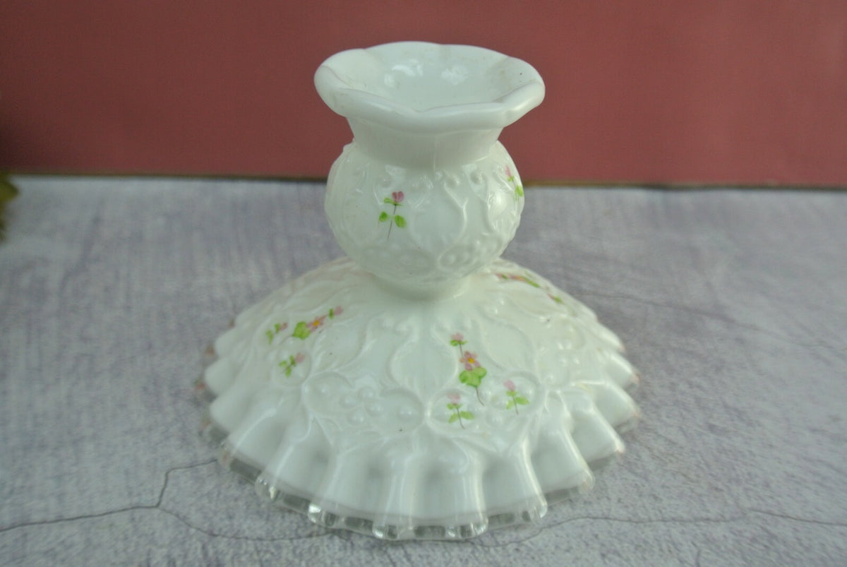 2 Fenton White Milk Glass Silver Crest Spanish Lace Candlestick Holders Signed