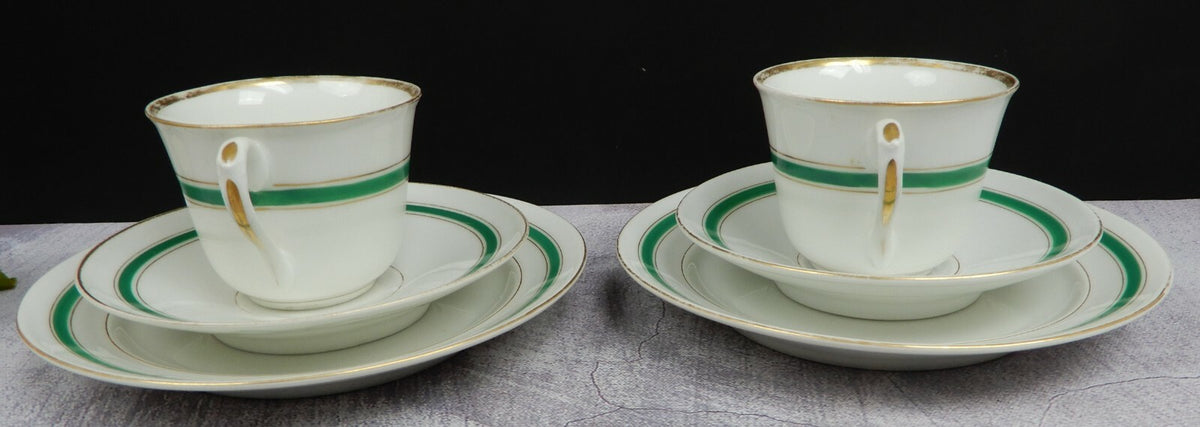 Two Set Antique White,Green and Gold Trim Tea Set Trio Cup,Saucer,Dessert Plate