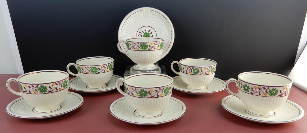 Vintage Set of 6 Wedgwood Etruria Luster Ribbed Cups and Saucers