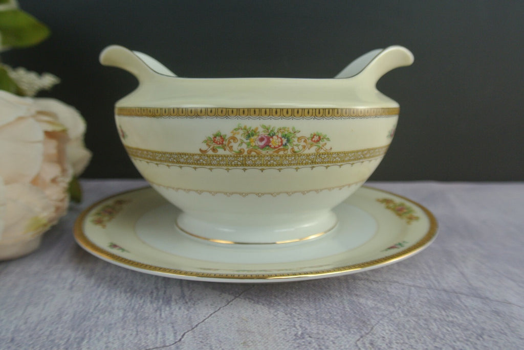 Vintage Hand Painted Meito China Gravy/Sauce Bowl Attached Underplate