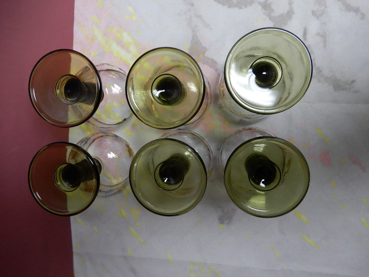 Vintage Set Of 6 Roemer Bubble Green Stem Glasses With Leaf Vine Wine Design