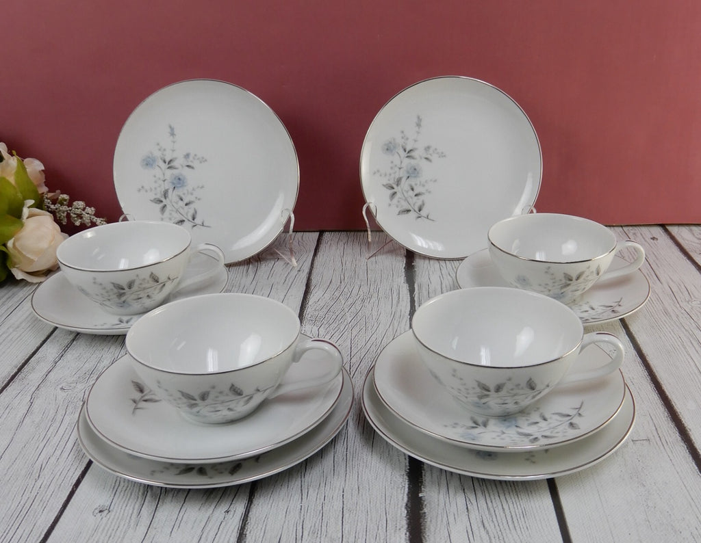4 Vintage Diamond Fine China "Blue Rose" Japan Trio Set Cup,Saucer & Plate