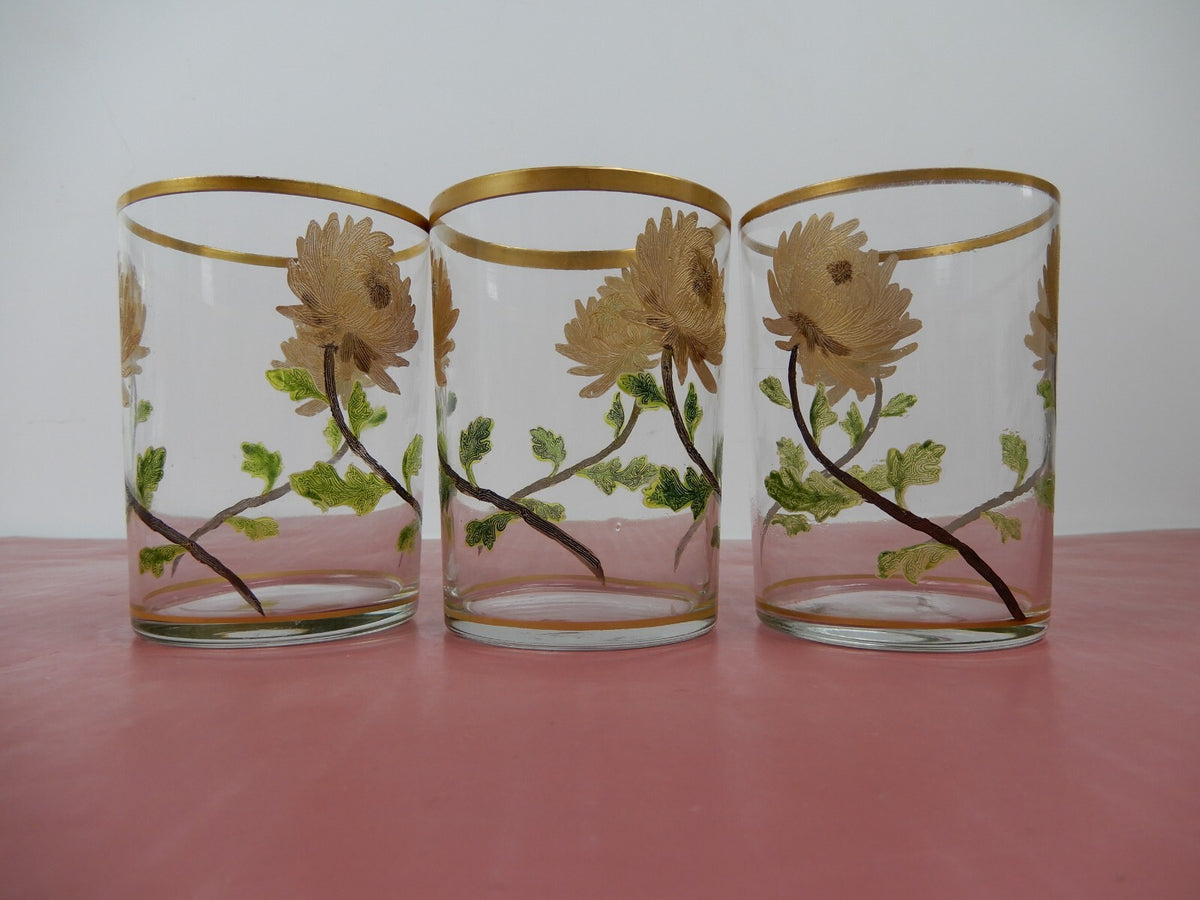 Decorative Embossed Gold Hand Painted Floral Trim Drinking Glass Set of (3)