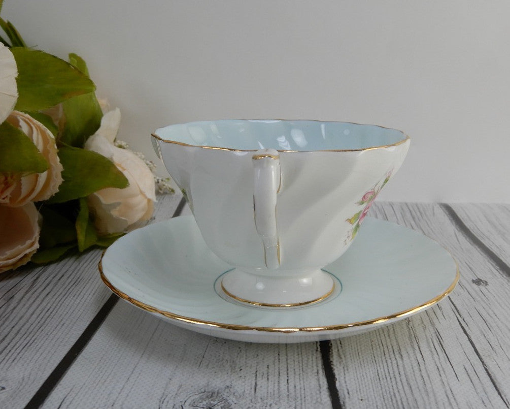 Vintage Aynsley Fine Bone China England w/ Rose Baby Blue Tea Cup & Saucer