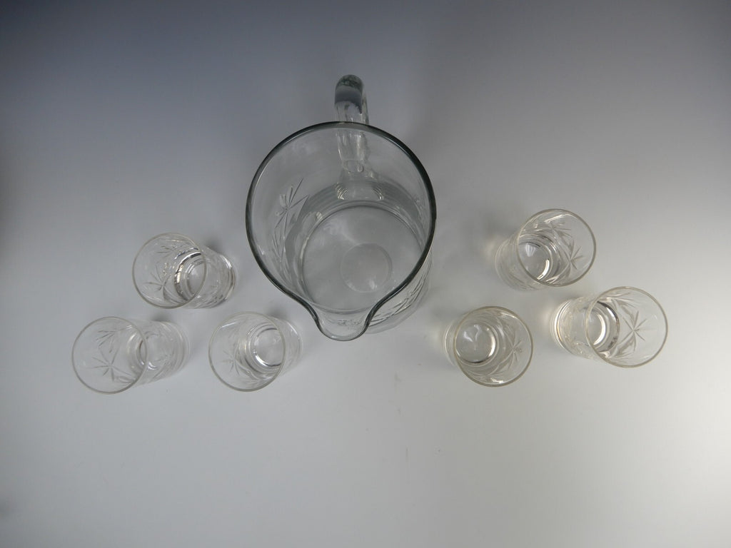 Vintage Clear Glass Set of Pitcher and 6 Juice Glasses