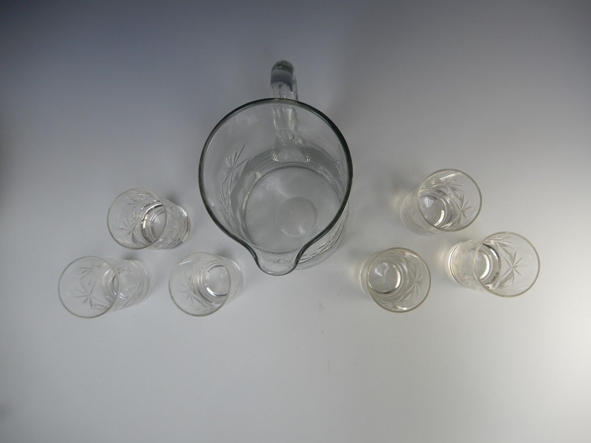 Vintage Clear Glass Set of Pitcher and 6 Juice Glasses