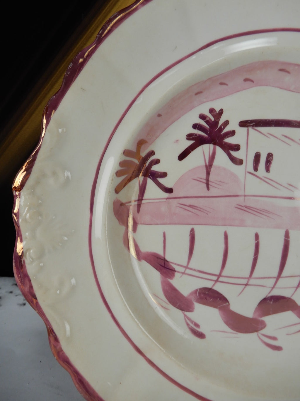 Antique Staffordshire Pink Luster Pearlware Embossed Handled Plates