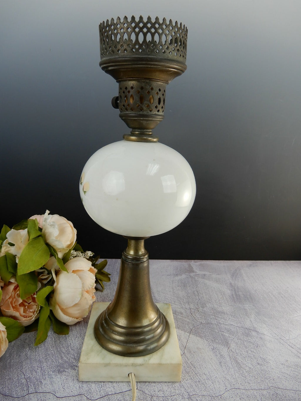 Vintage Marble Base Table Lamp Milk Glass Hand Painted Flower