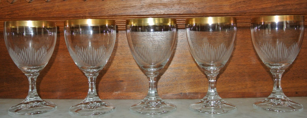 Set of 5 Elegant Cordial Clear Etched with Gold Rim Glasses