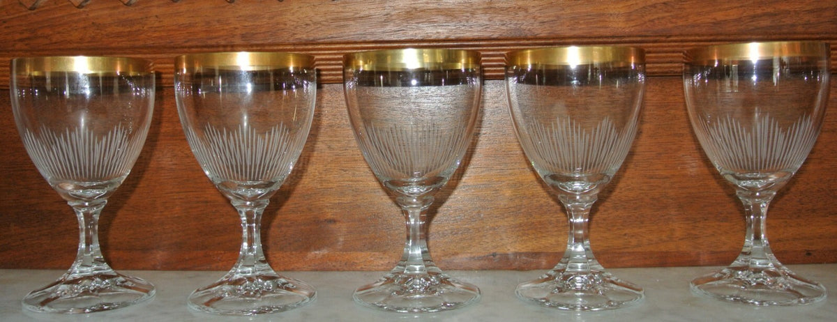 Set of 5 Elegant Cordial Clear Etched with Gold Rim Glasses
