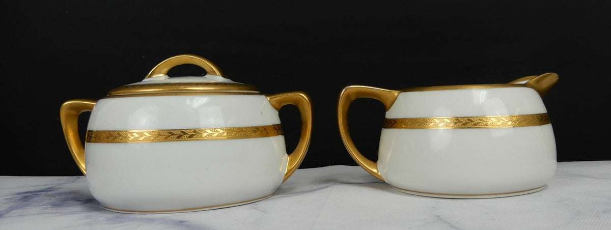 Vintage Pickard White and Gold Rims Porcelain Cream And Sugar Bowl