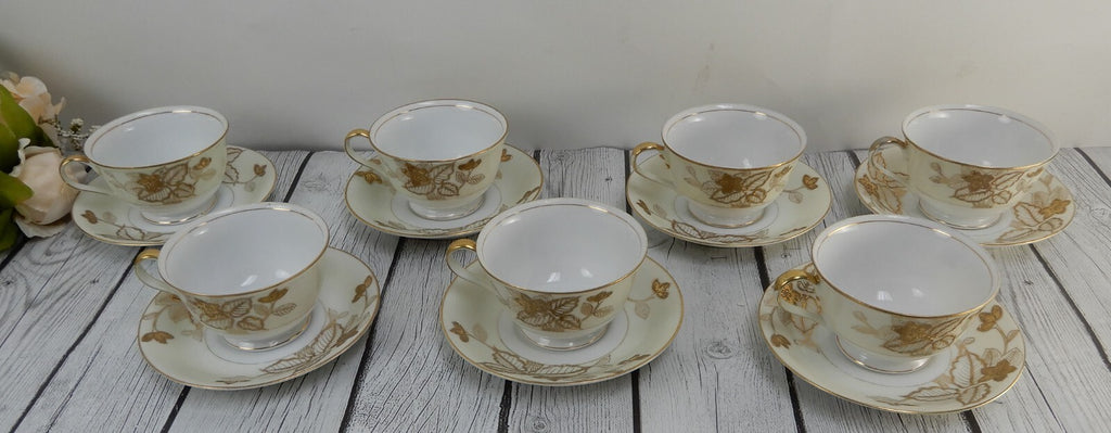 7 Gold Floral Anniversary Craftsman China Japan Cups & Sauces Set Pattern # 178