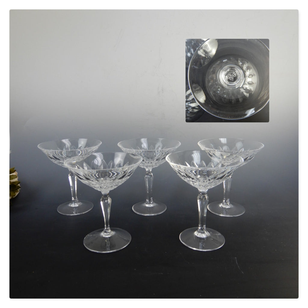 Josair Edith Crystal Stem 5 Saucer Champagne Feather Cuts Glasses