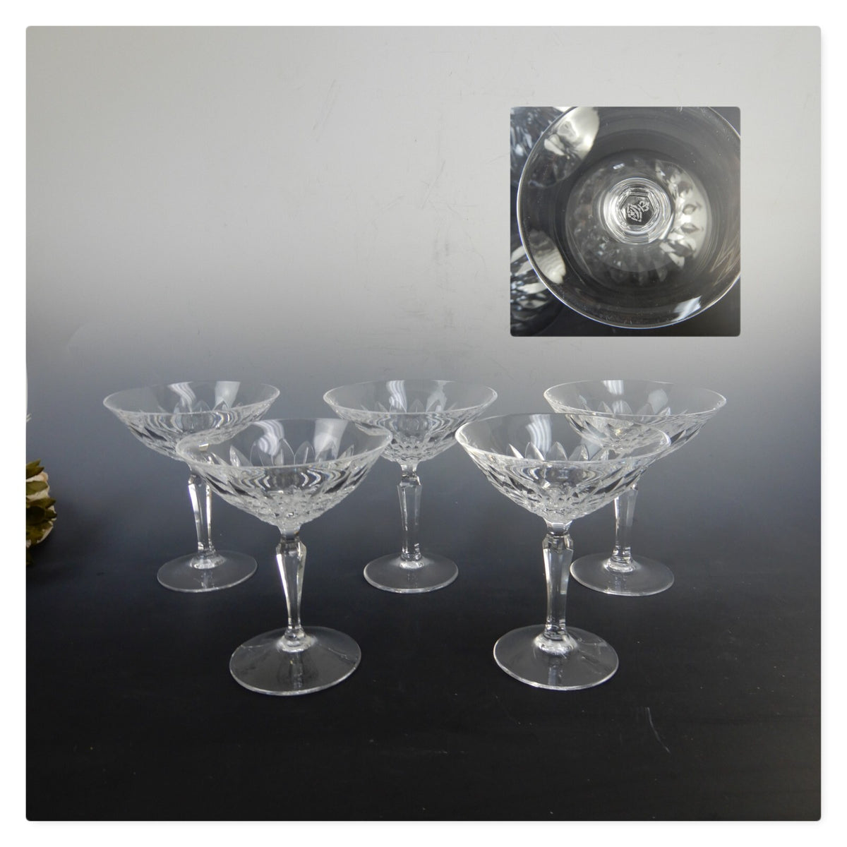 Josair Edith Crystal Stem 5 Saucer Champagne Feather Cuts Glasses