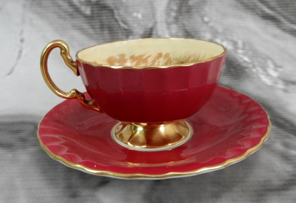 Vintage Aynsley "Orchard Fruit" England, Burgundy Cup, and Saucer Signed D.Jone