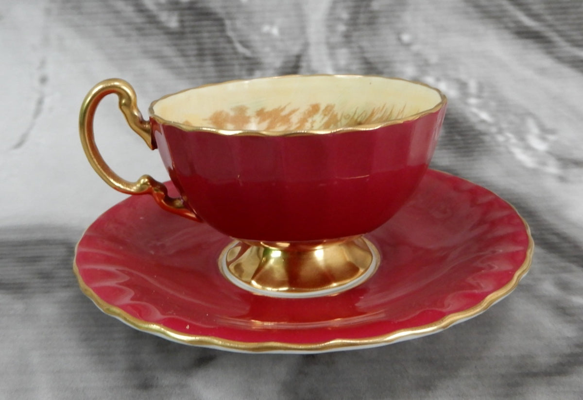 Vintage Aynsley "Orchard Fruit" England, Burgundy Cup, and Saucer Signed D.Jone