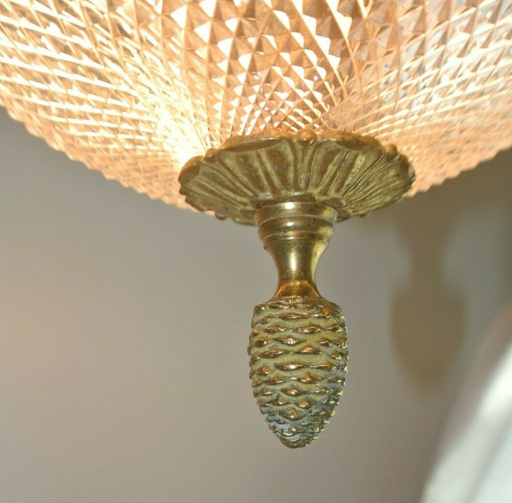 Vintage French Brass Ceiling Fixture Chandelier with Cut Glass Crystal Body