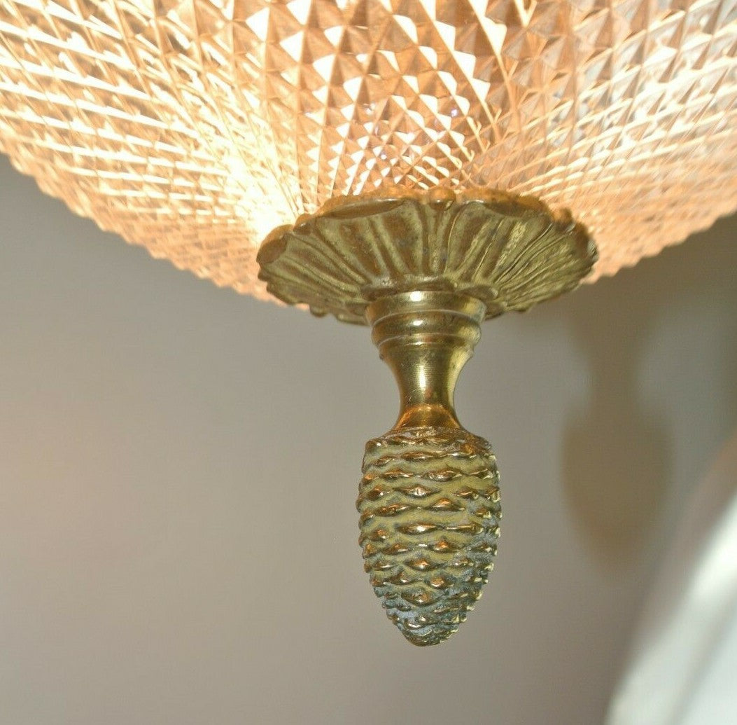 Vintage French Brass Ceiling Fixture Chandelier with Cut Glass Crystal Body