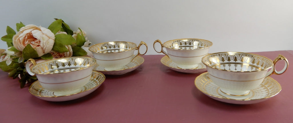 4 Antique Cauldon England 12oz Cups & Saucers Gold for Rich-Briggs.Co Boston