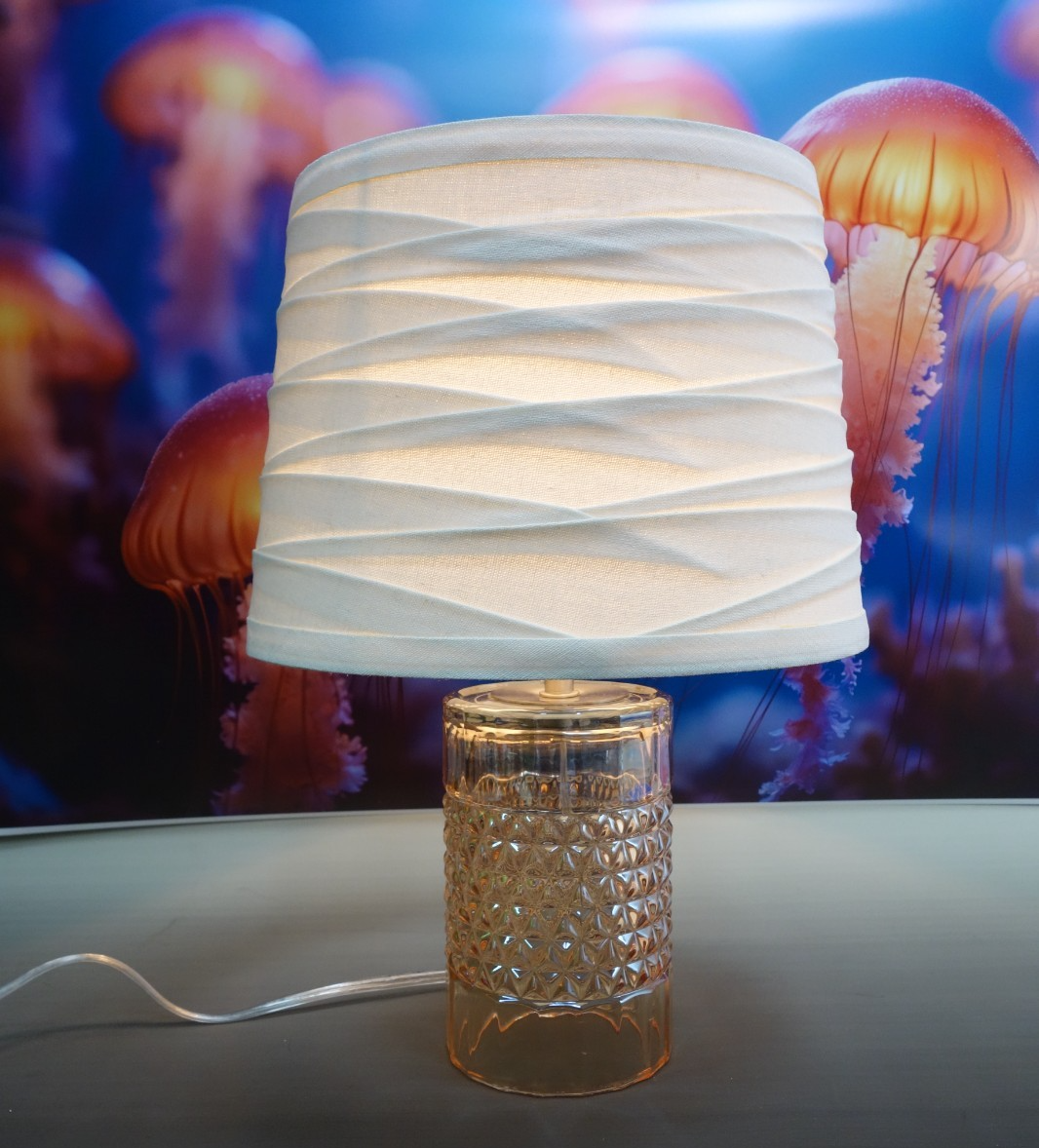 Diamond Point Glass Cylindrical Amber Color Accent Table Lamp with Fabric Shade