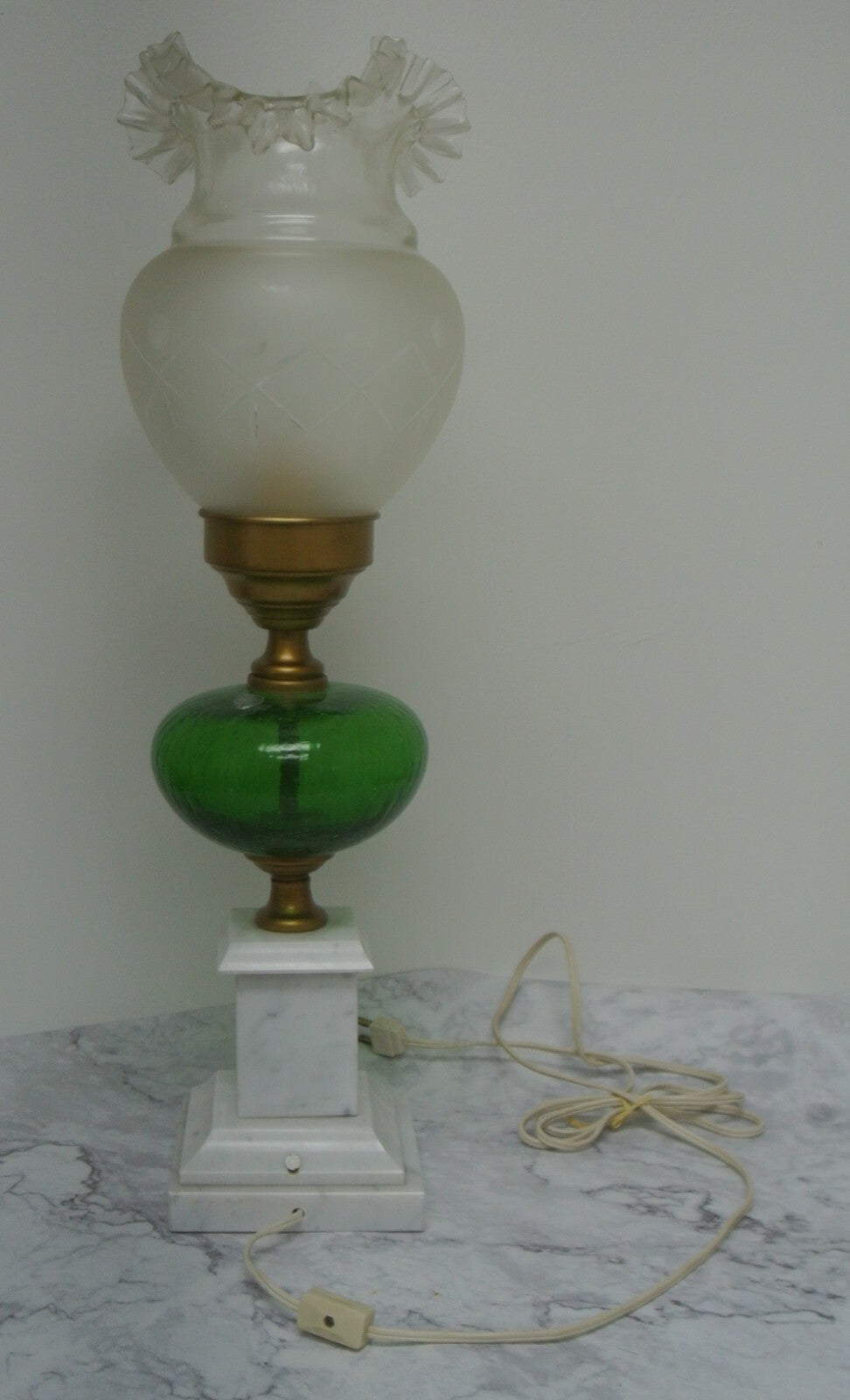 Vtge Italian White Carrara Marble & Green Crackled Hand Blown Glass Table Lamp