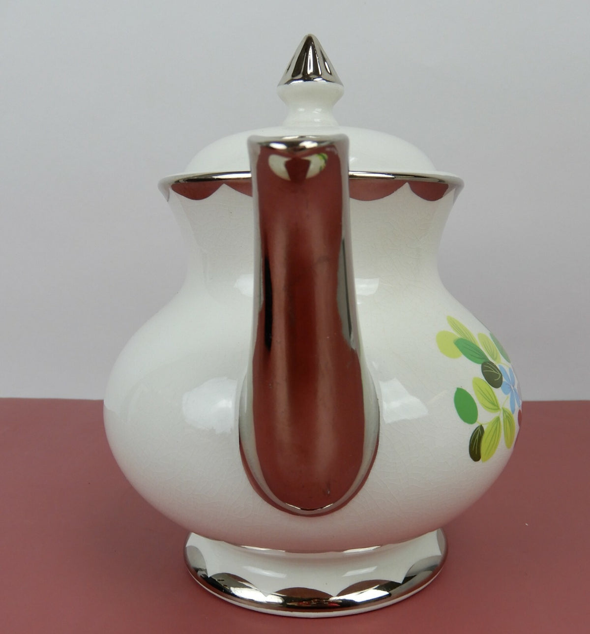 Vintage Gibson Staffordshire Tiffany Teapot Silver Trim, Floral Design