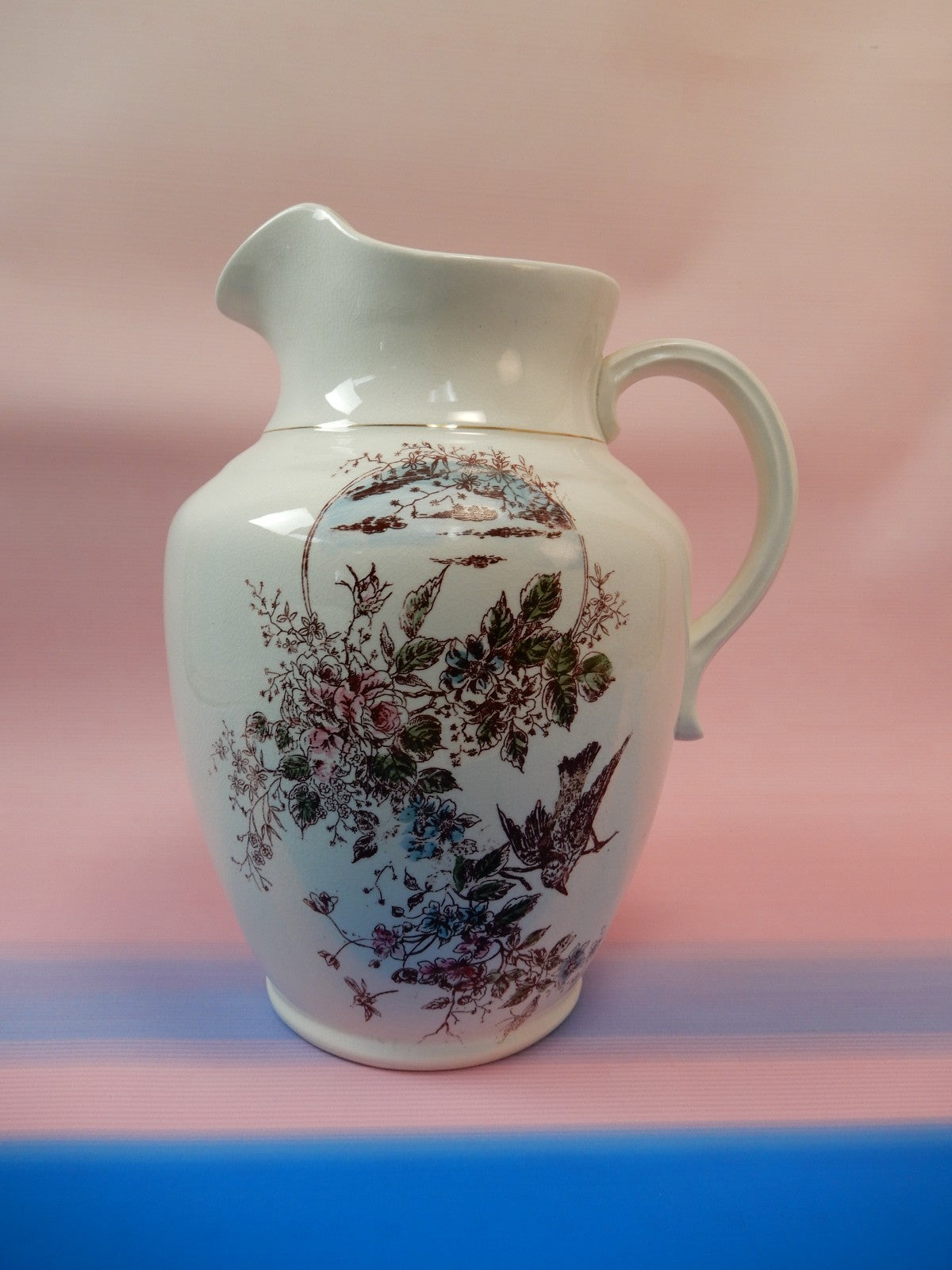 Antique The wick Company Transerware Ironstone Pottery Wash Bowl and Pitcher Set