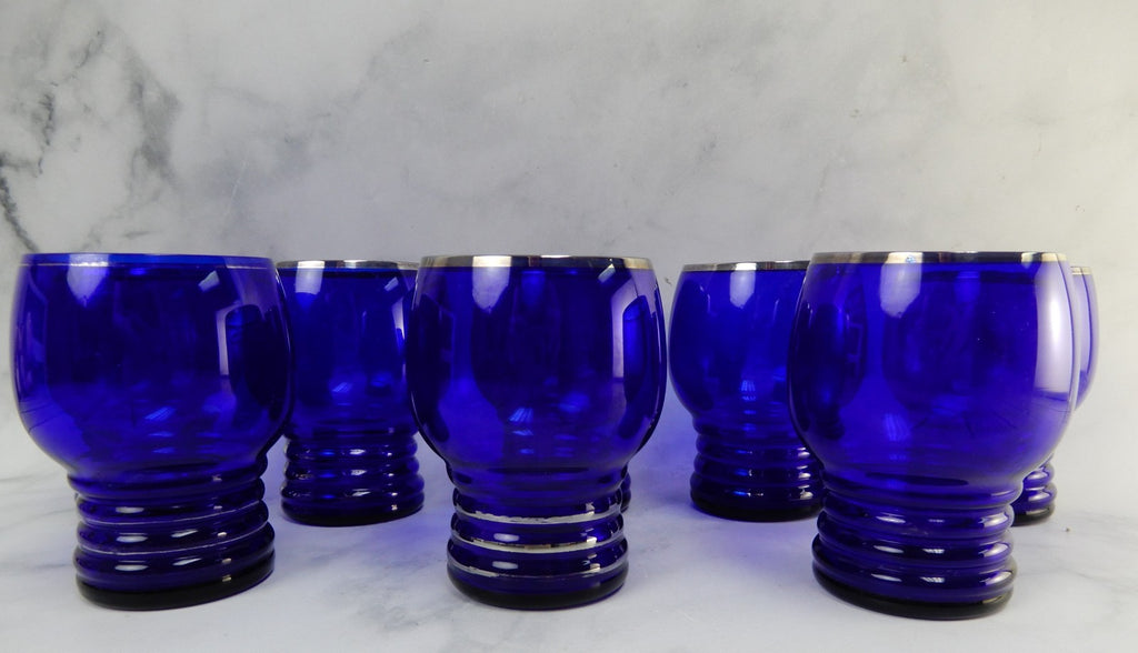 Eigth Imperial Glass Shaeffer Cobalt Blue Tumbler Glasses w/ Platinum Silver