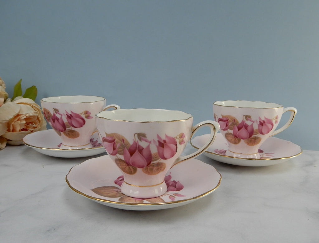Set of 3 Colclough Bone China Pink Color Water Lily Teacups & Saucers