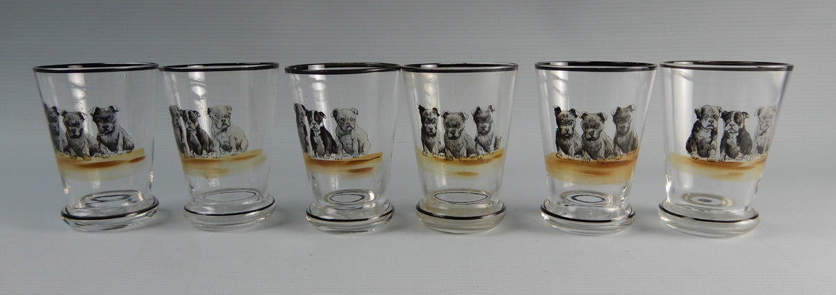 Vintage set of Six 3 oz Shot Glasses with Puppy Dogs