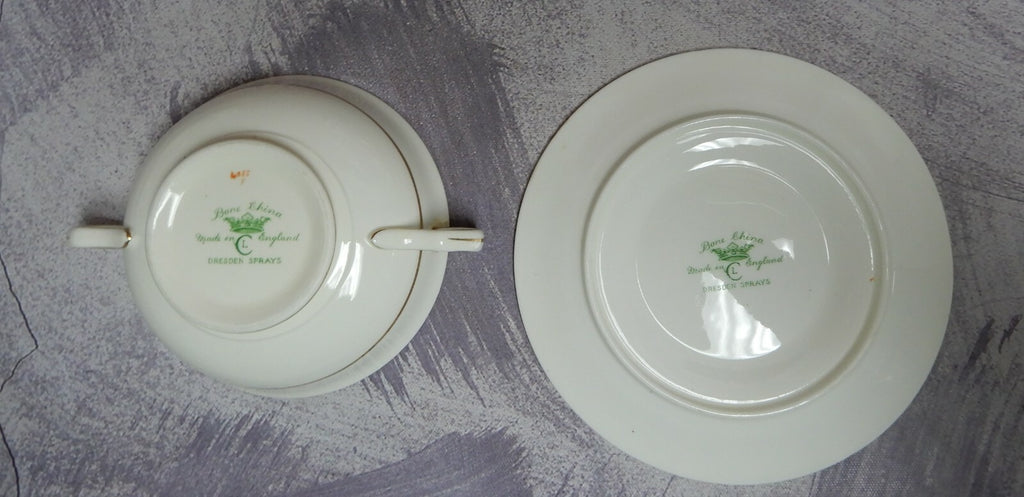 Set of 4 Vtg Dresden Sprays Cream Soup Bowls and Underplates CL Made In England