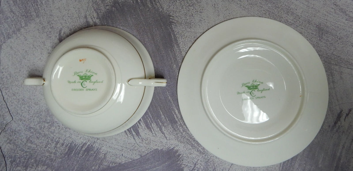 Set of 4 Vtg Dresden Sprays Cream Soup Bowls and Underplates CL Made In England