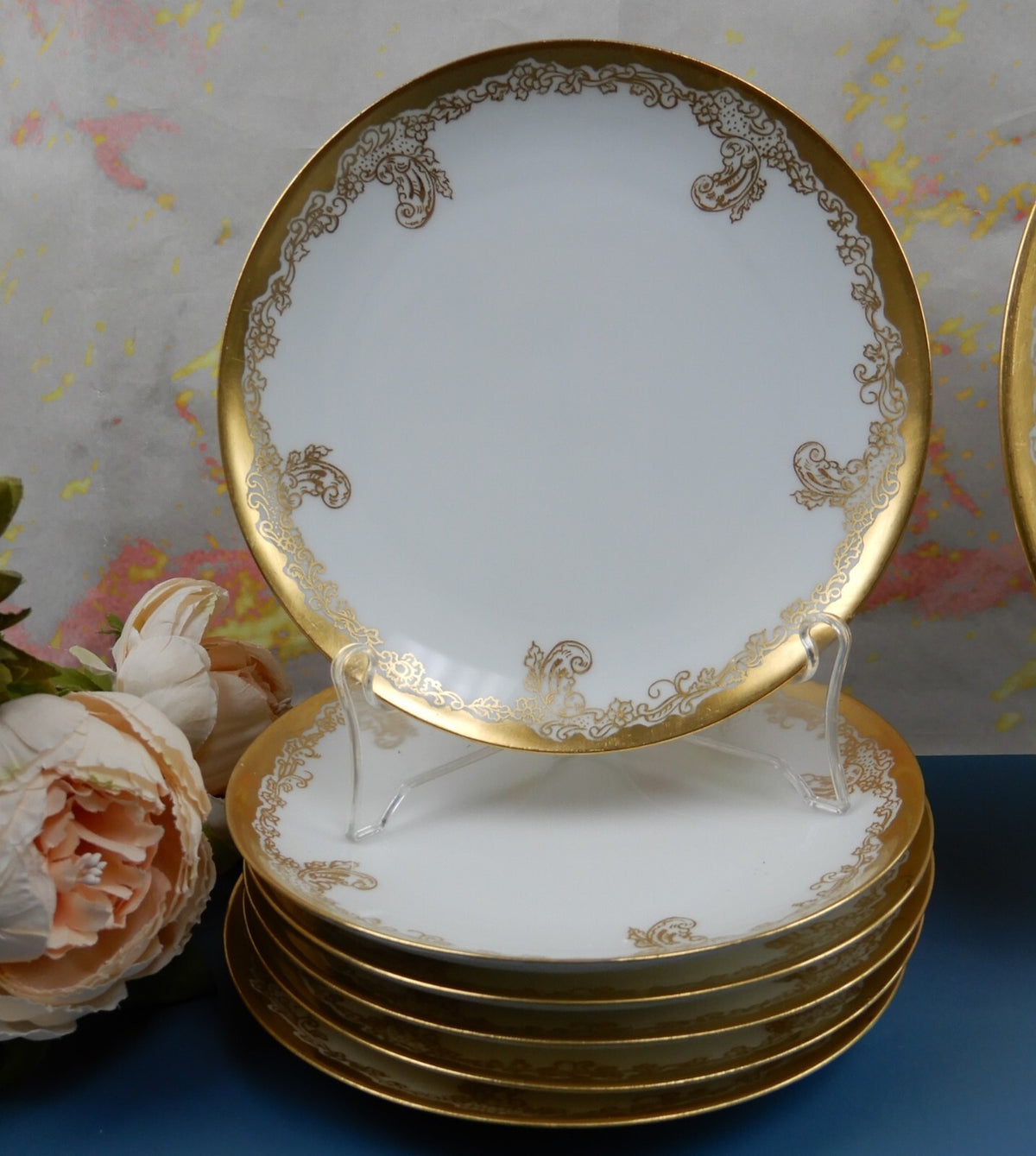 Antique Haviland France Gold Rim Cake Plate and 6 Dessert Plates