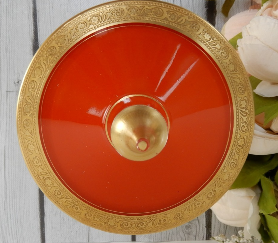 Vintage Rambler Rose Orange Glass Gold  Footed Candy Dish w/Lid