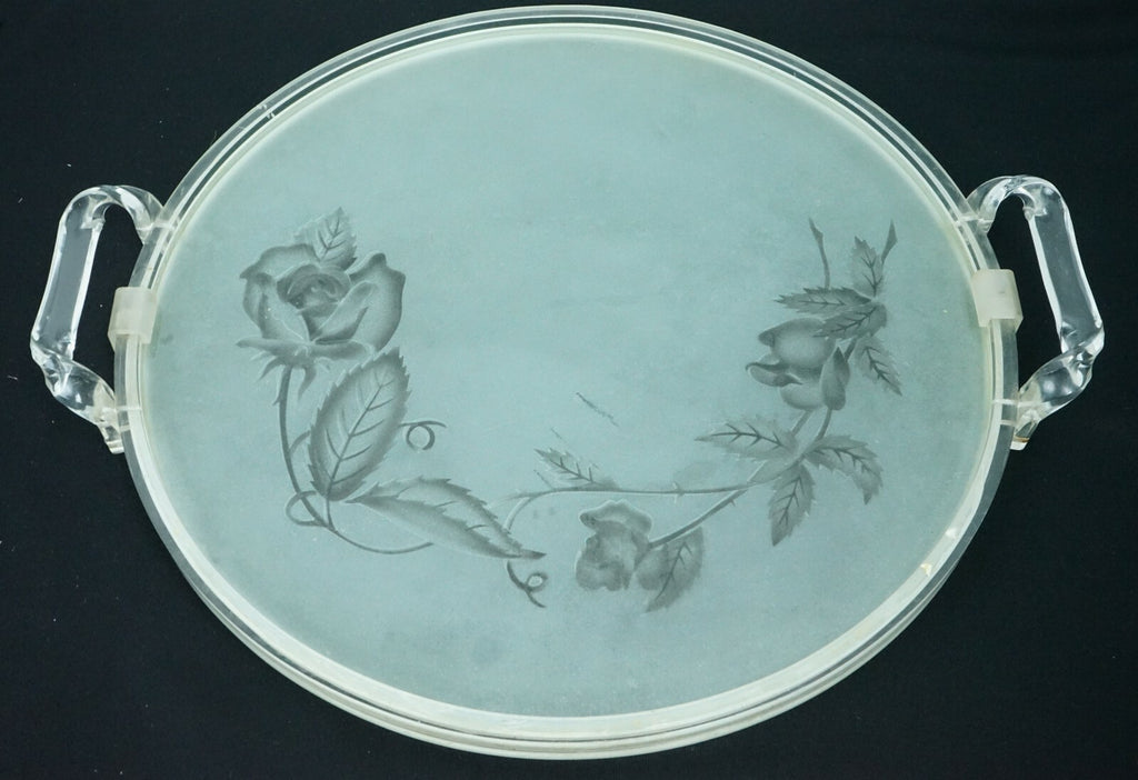 Vintage Round Rose Etched Glass & Lucite Serving Tray  18"x 16''