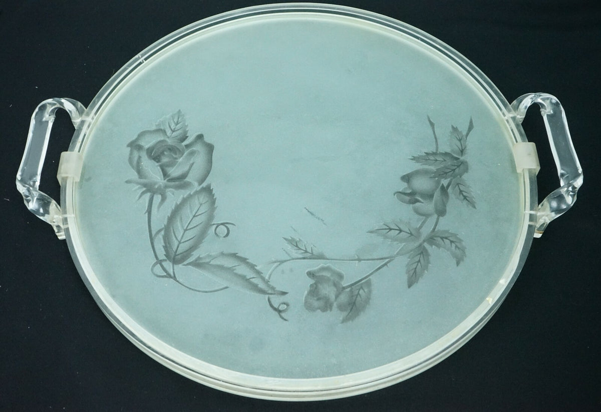 Vintage Round Rose Etched Glass & Lucite Serving Tray  18"x 16''