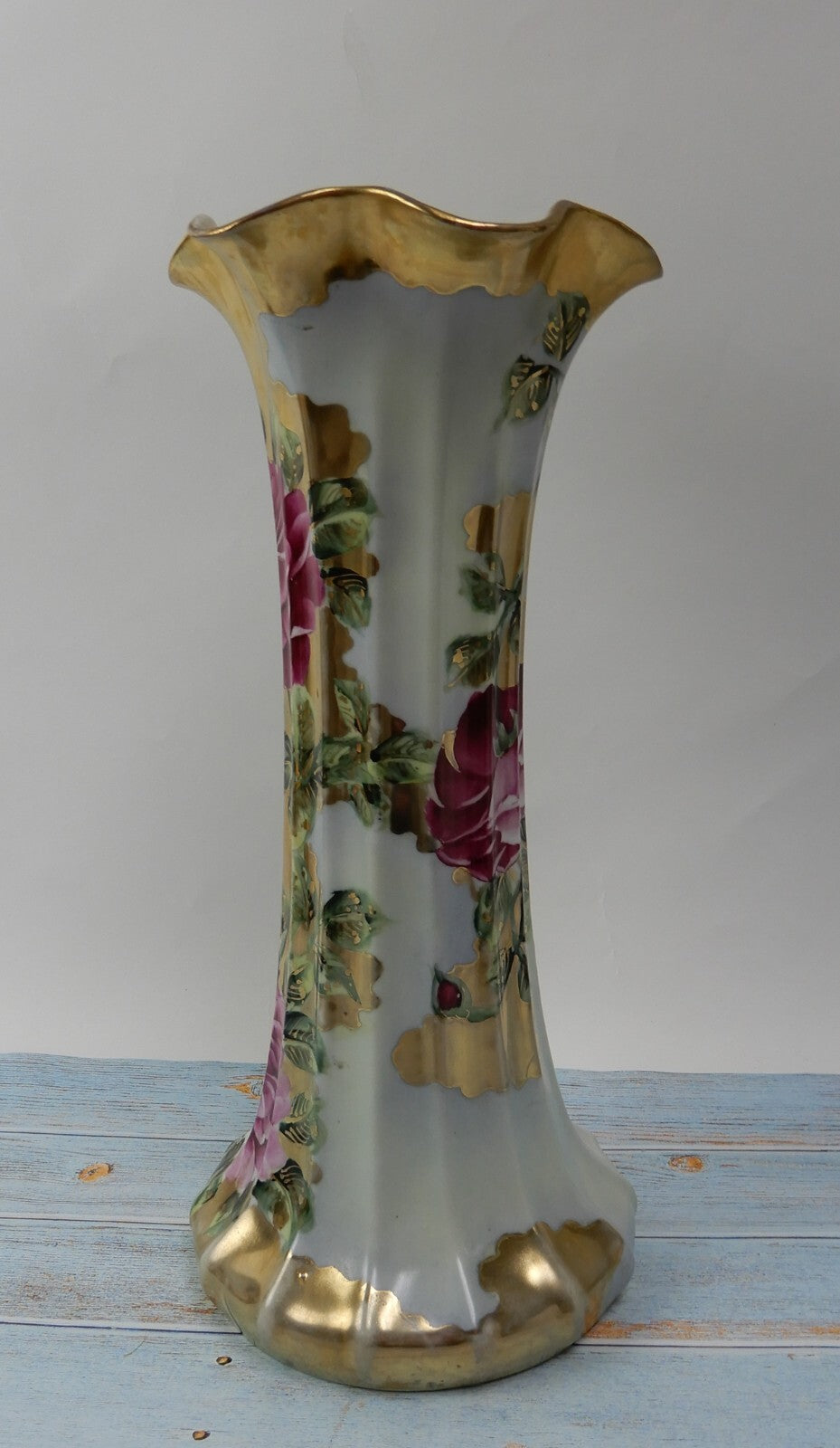 Vtge 15" Tall with Pink Roses and Gold Flute Shape Porcelain Vase No Manufacture